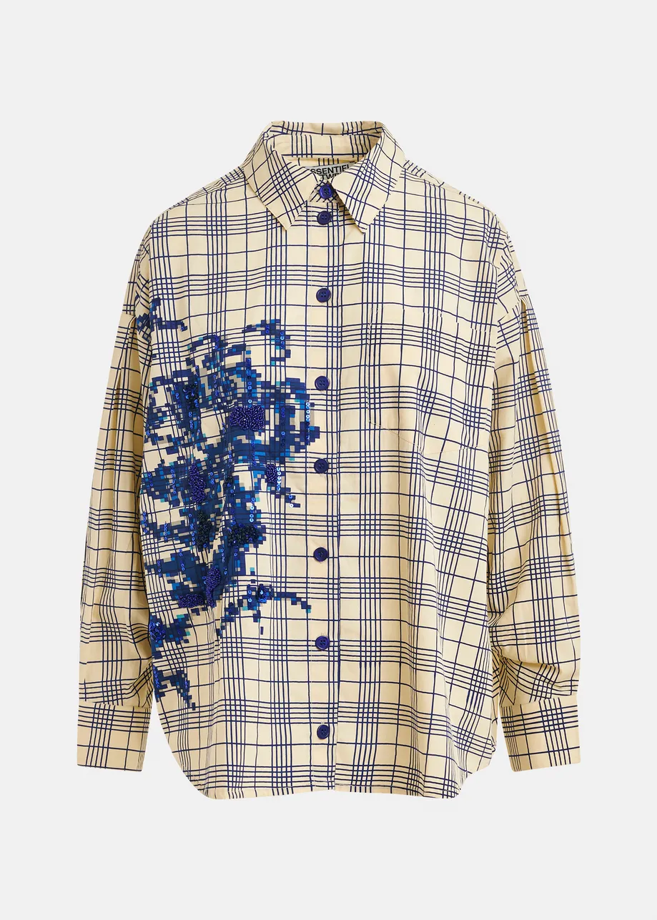 Beige and dark blue checked oversized cotton shirt with floral sequin and bead embellishment