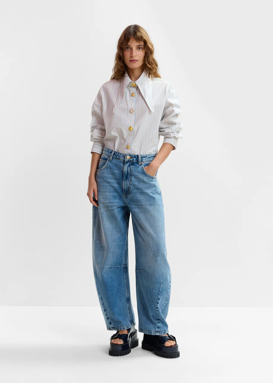Blue distressed organic cotton cropped barrel-leg jeans