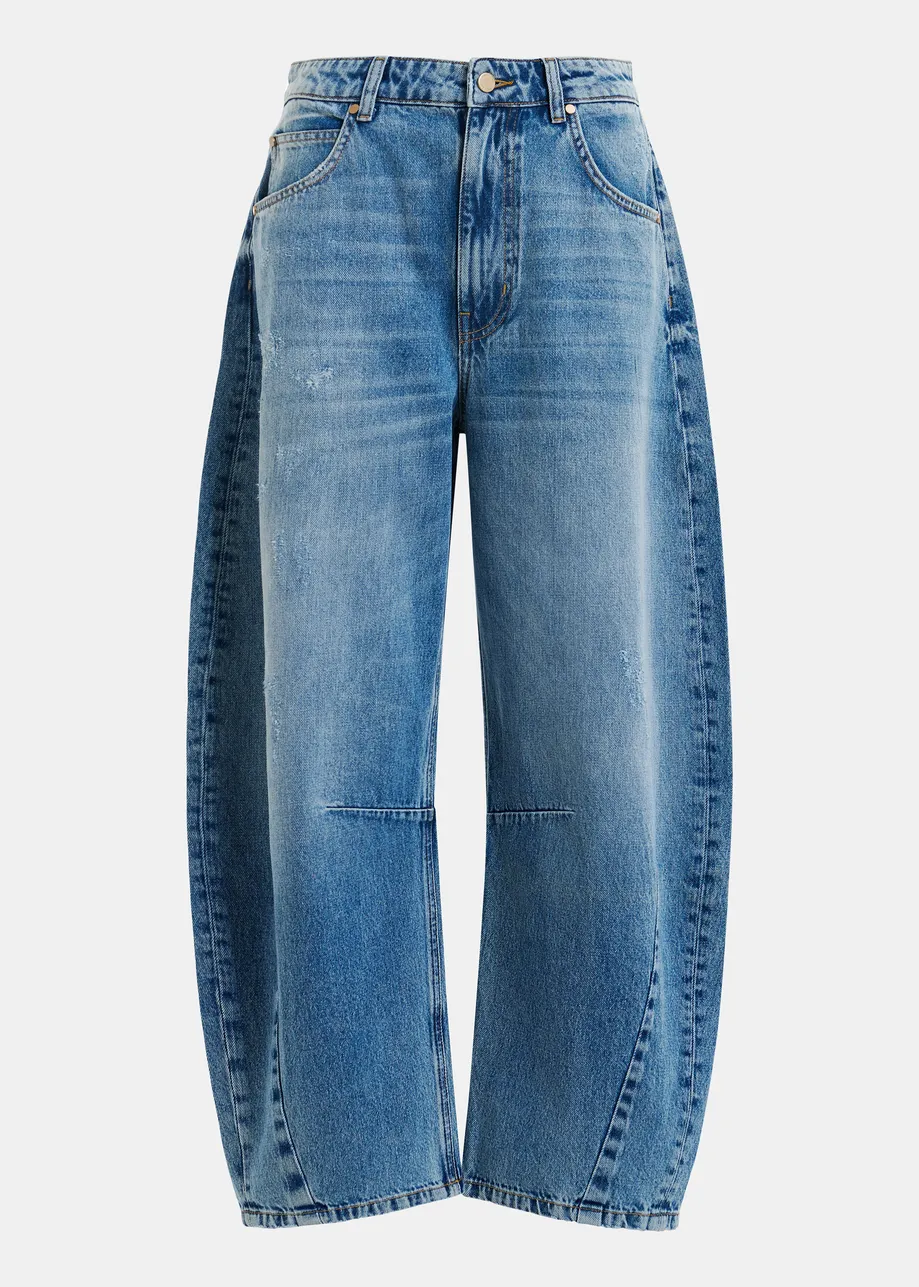 Blauwe biokatoenen versleten jeans met cropped barrelpijp