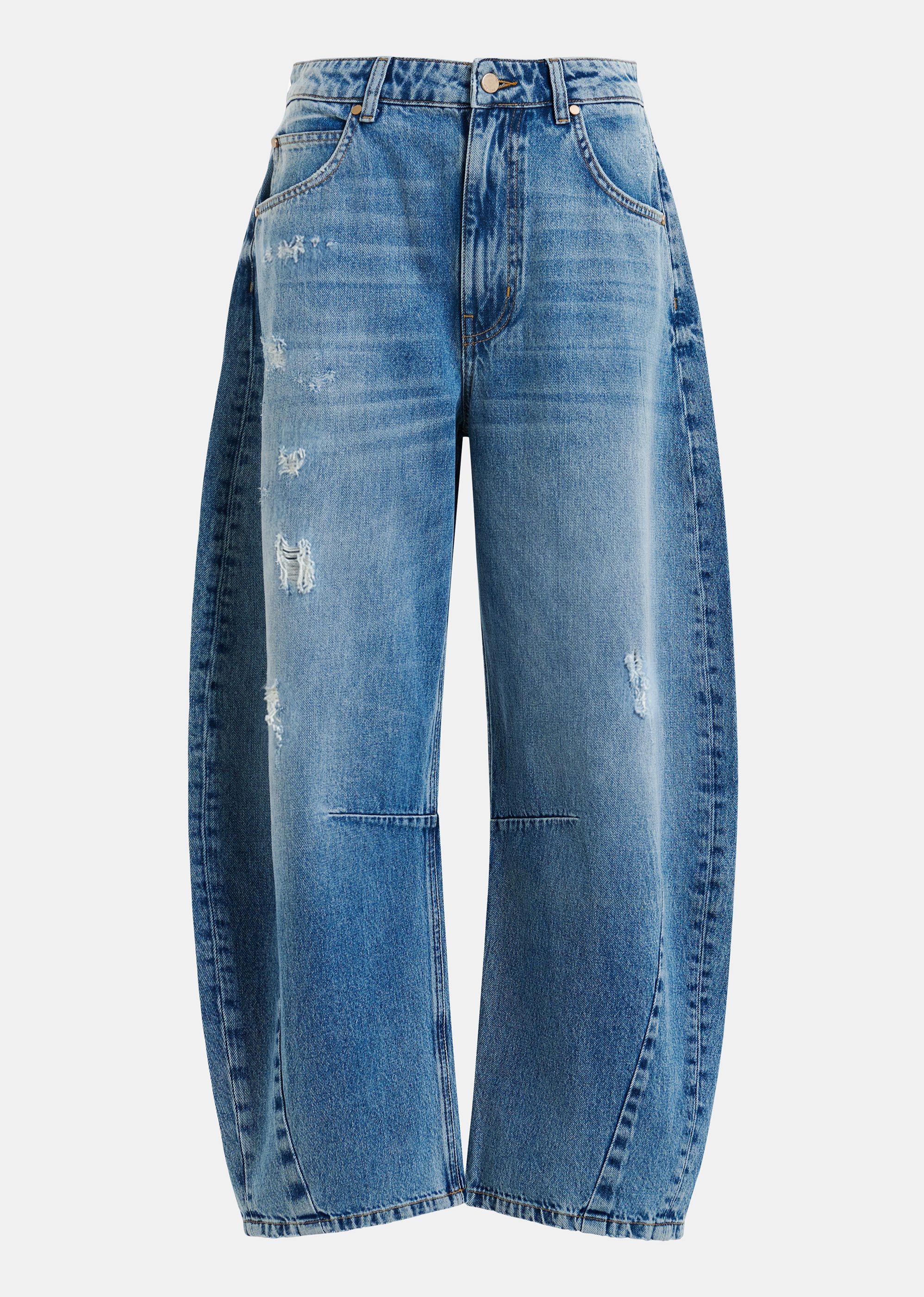Blue distressed organic cotton cropped barrel-leg jeans