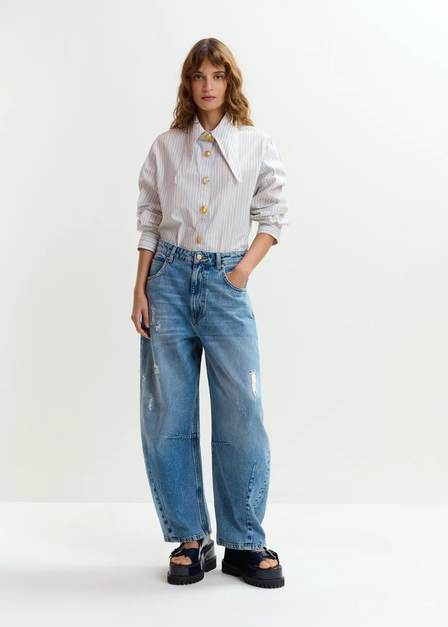 Blue distressed organic cotton cropped barrel-leg jeans