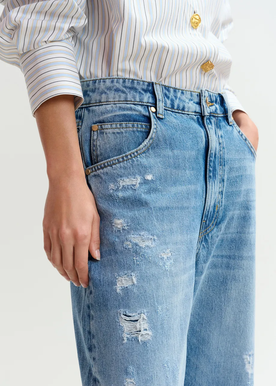 Blue distressed organic cotton cropped barrel-leg jeans