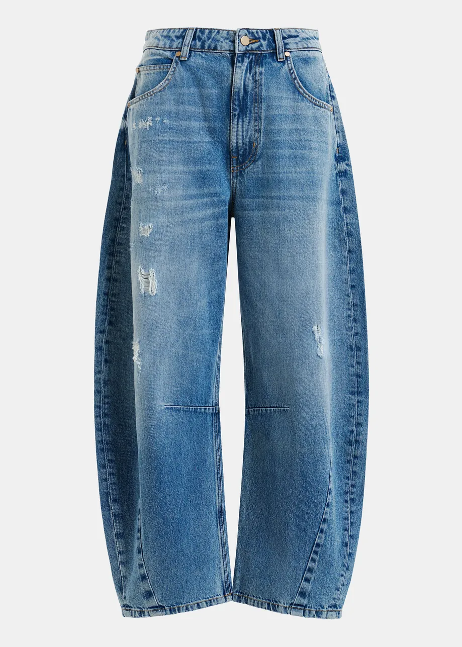 Blue distressed organic cotton cropped barrel-leg jeans