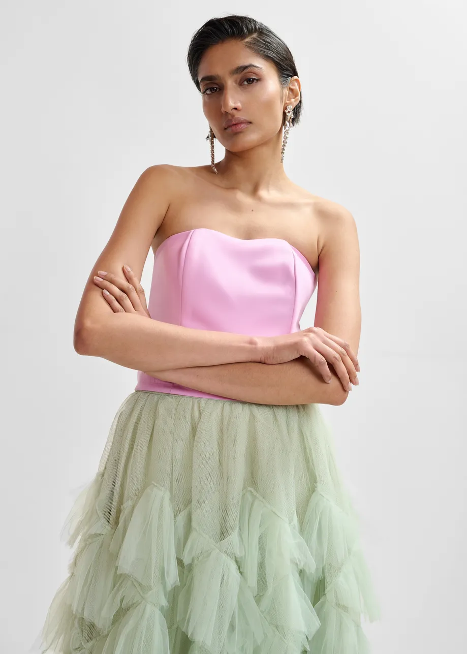 Pink sculpted bustier top with smocked back