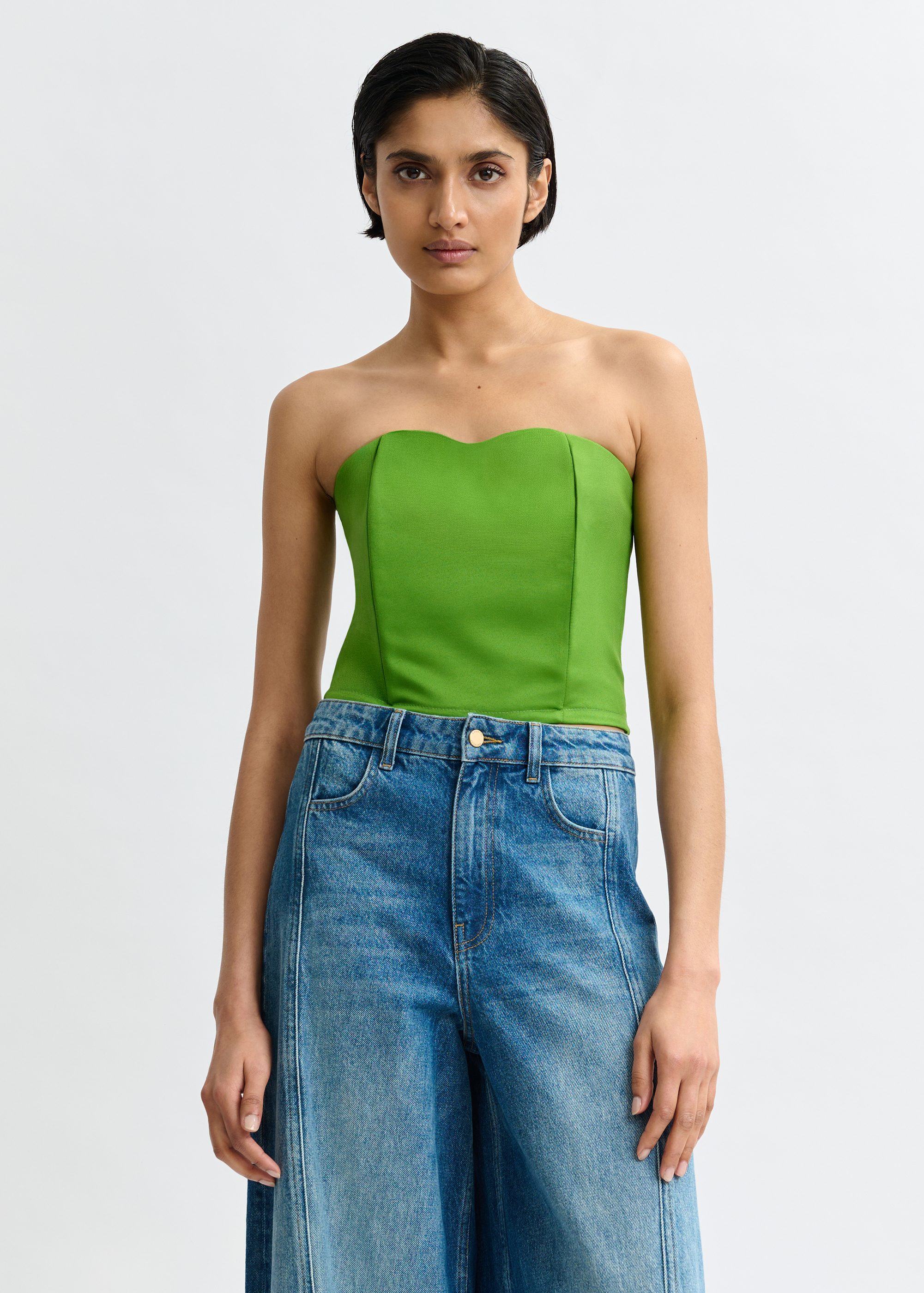 Green sculpted bustier top with smocked back | Essentiel Antwerp Italy