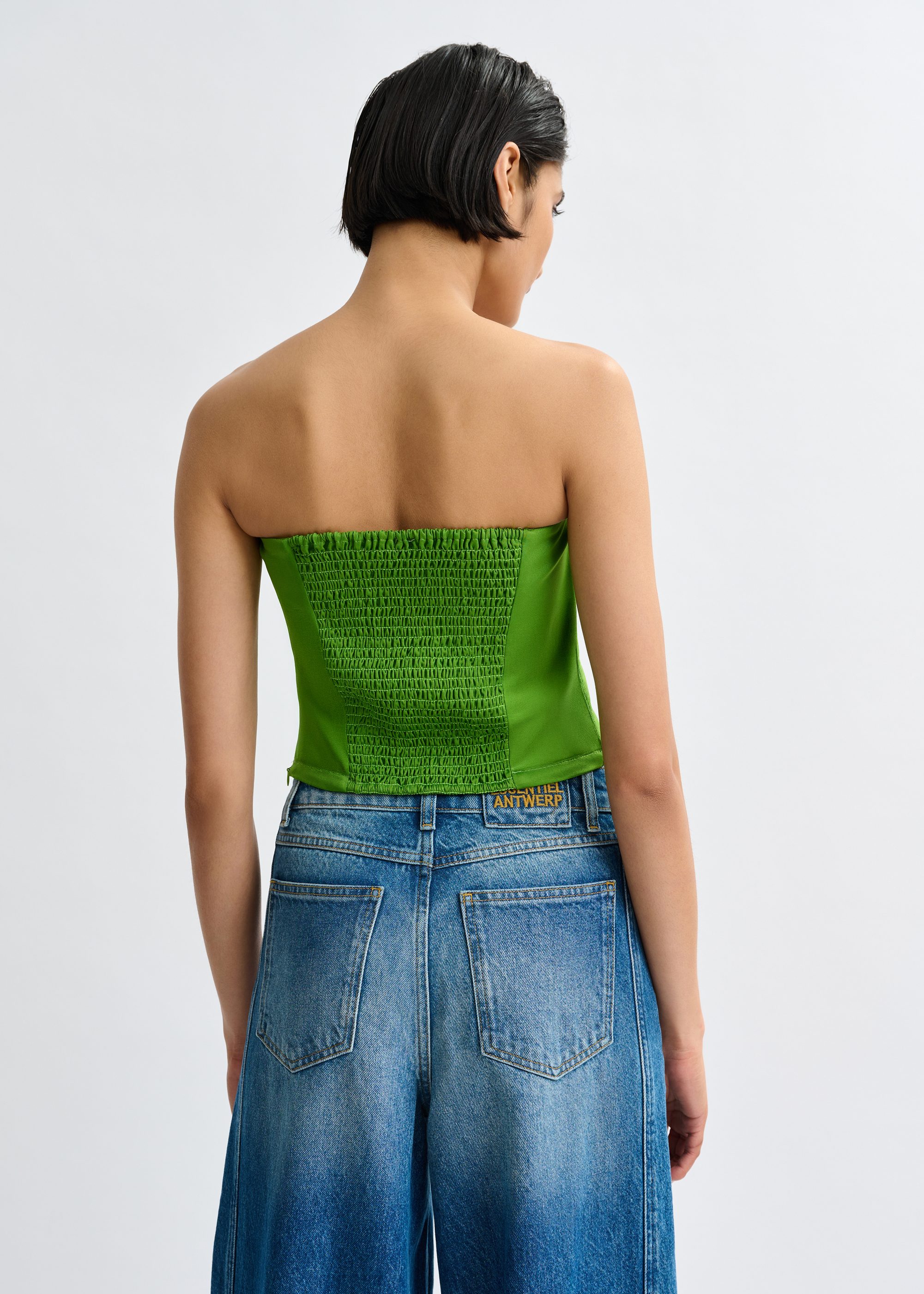 Green sculpted bustier top with smocked back | Essentiel Antwerp Italy