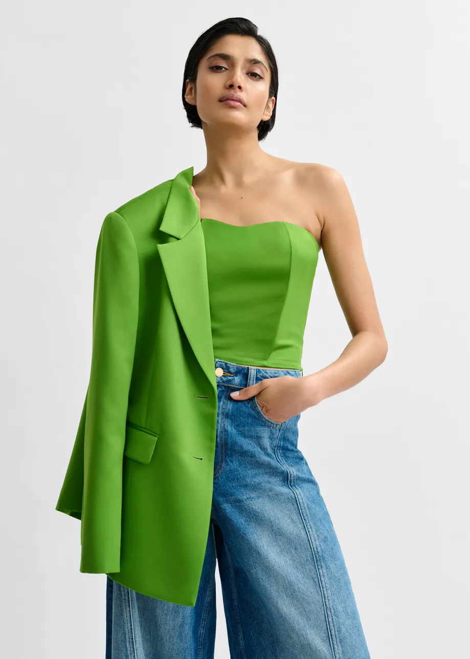 Green sculpted bustier top with smocked back