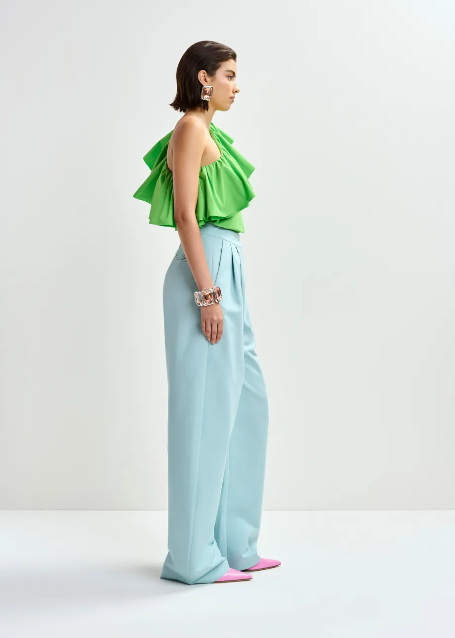 Light blue barrel-leg pants with pleated waist
