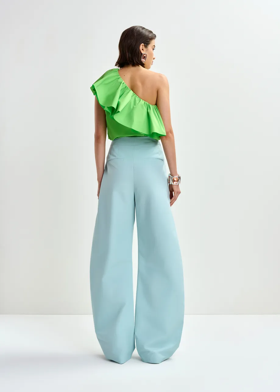 Light blue barrel-leg pants with pleated waist