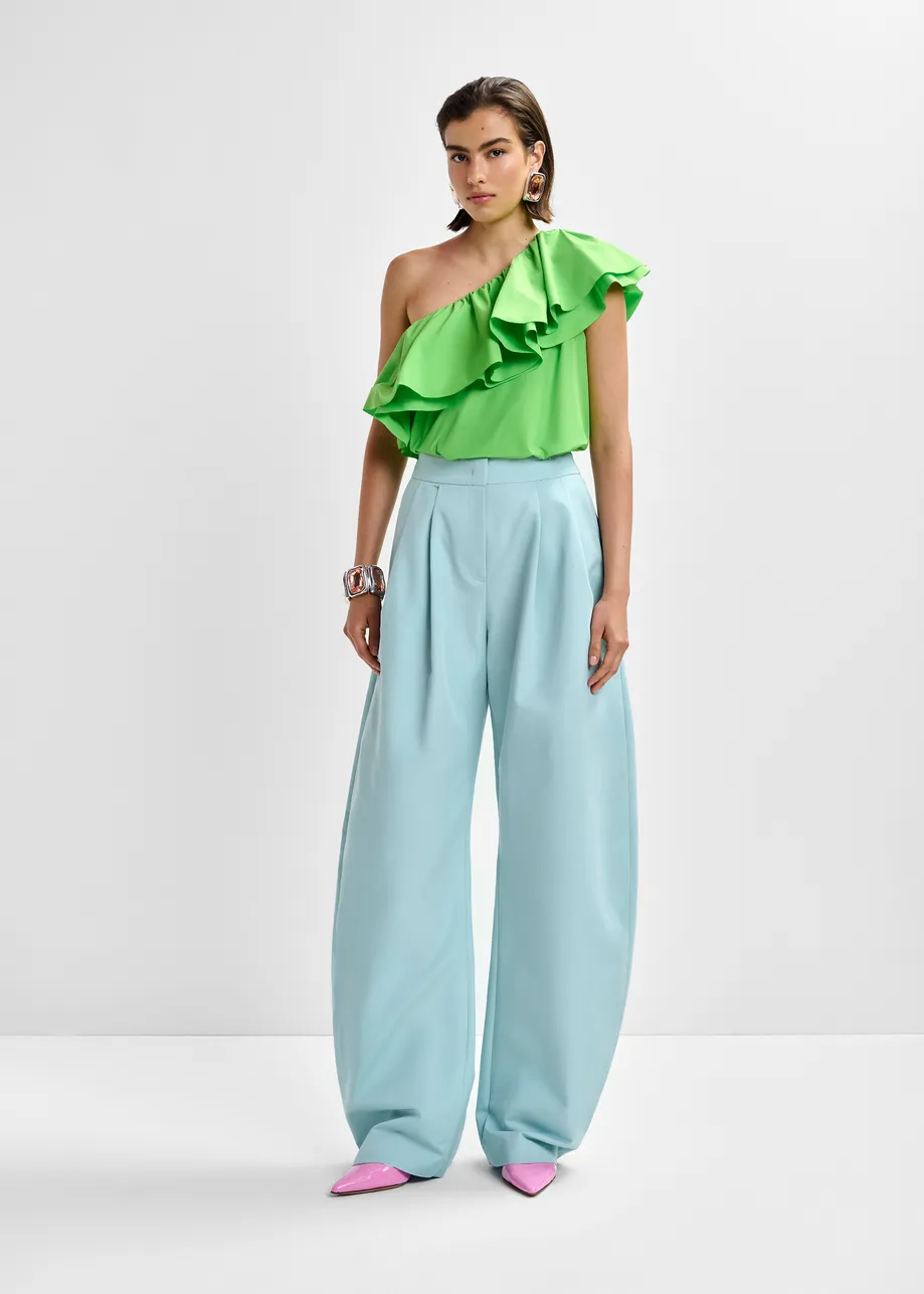 Light blue barrel-leg pants with pleated waist