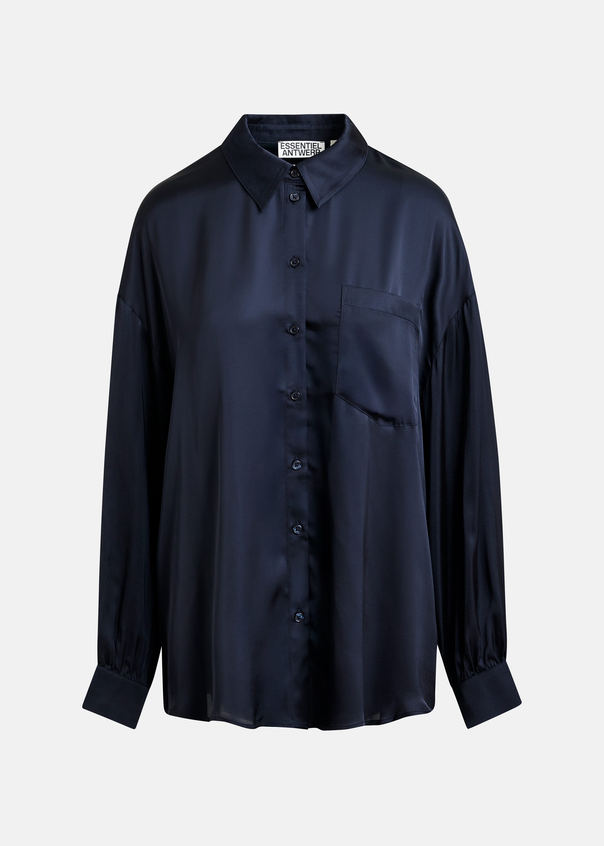 Navy ruffle-trimmed oversized shirt | Essentiel Antwerp Italy