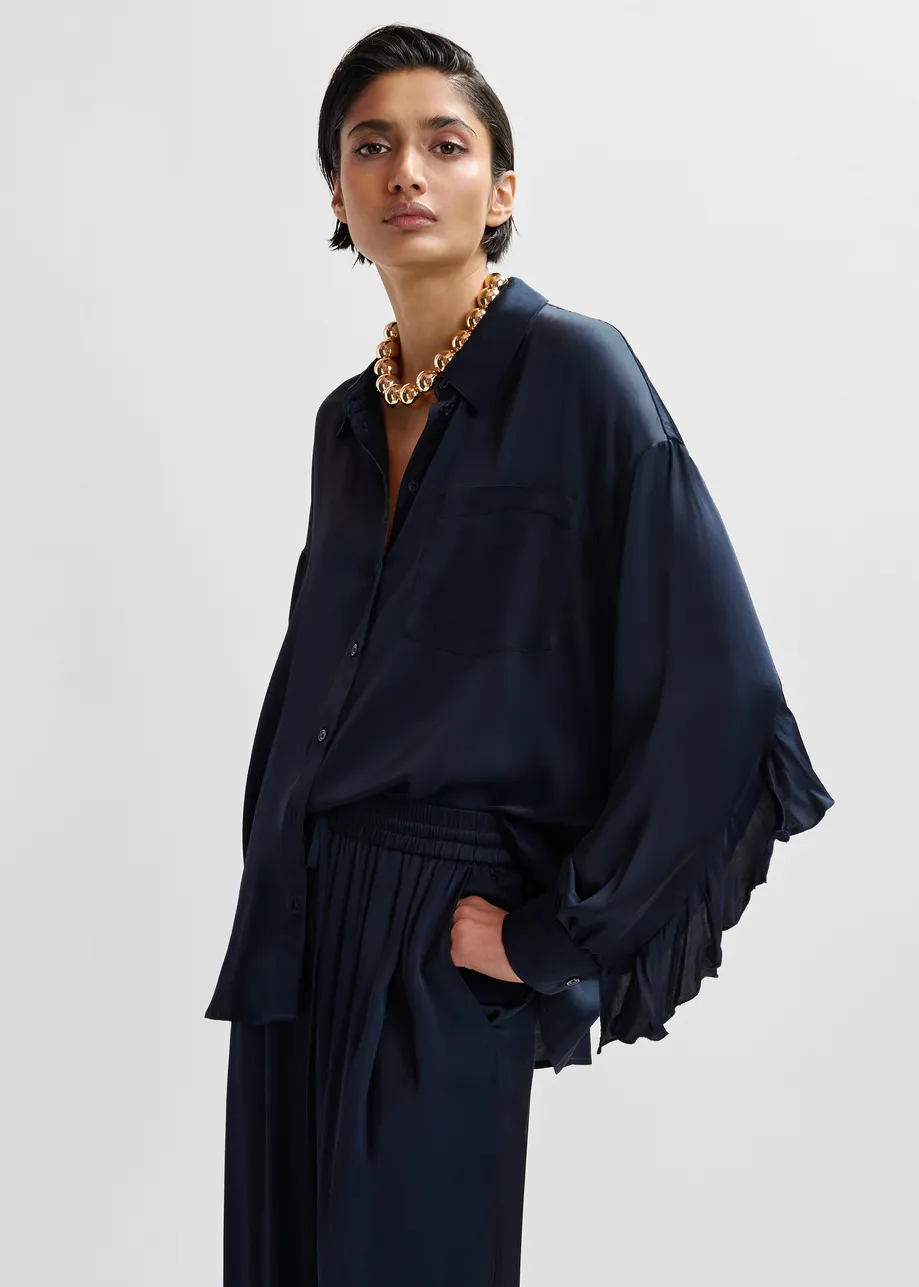 Navy ruffle-trimmed oversized  shirt