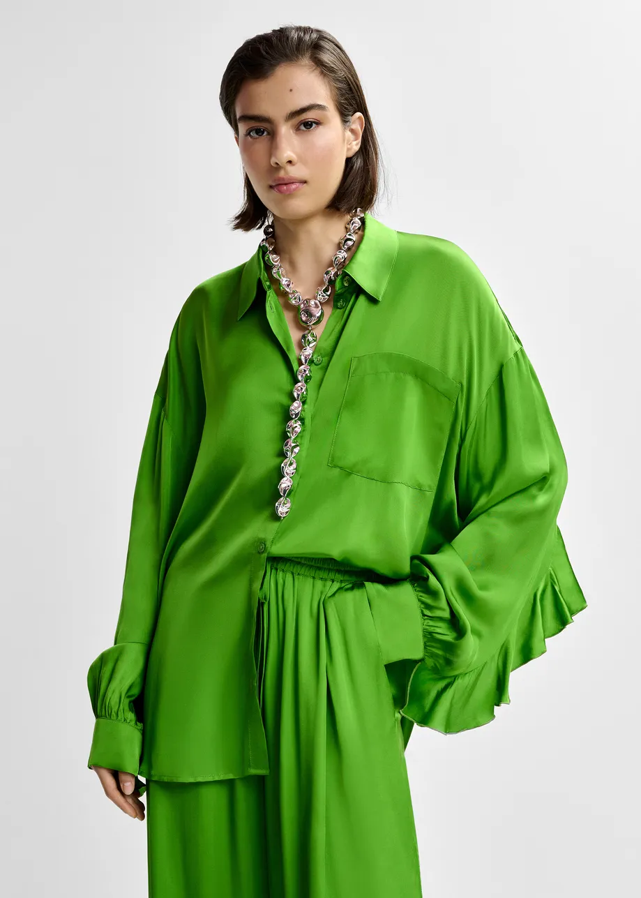 Green ruffle-trimmed oversized  shirt