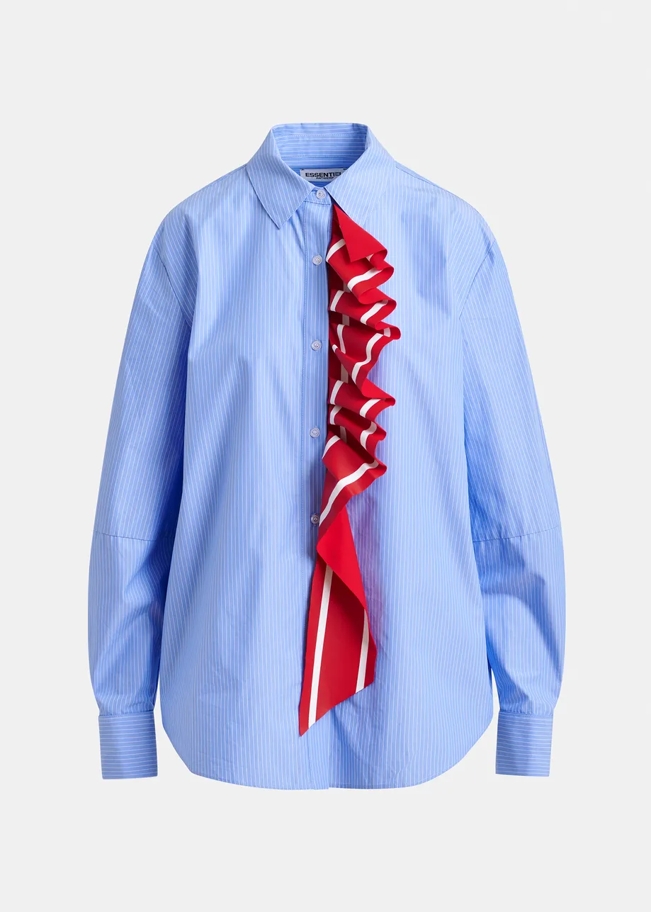 Blue and white pinstripe cotton shirt with red ribbon detail