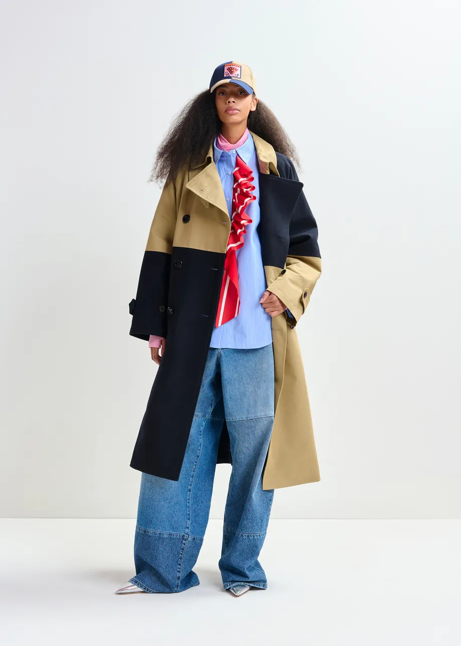 Blue and white pinstripe cotton shirt with red ribbon detail