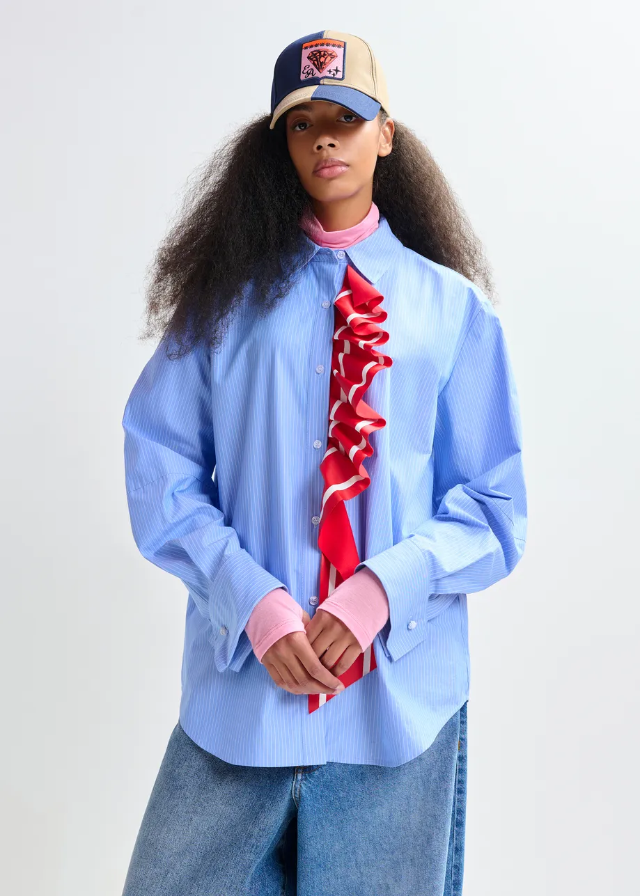 Blue and white pinstripe cotton shirt with red ribbon detail