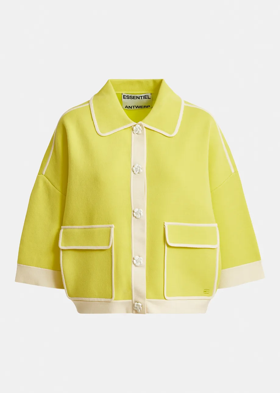 Yellow knit cardigan with flower buttons and off-white contrasting trims