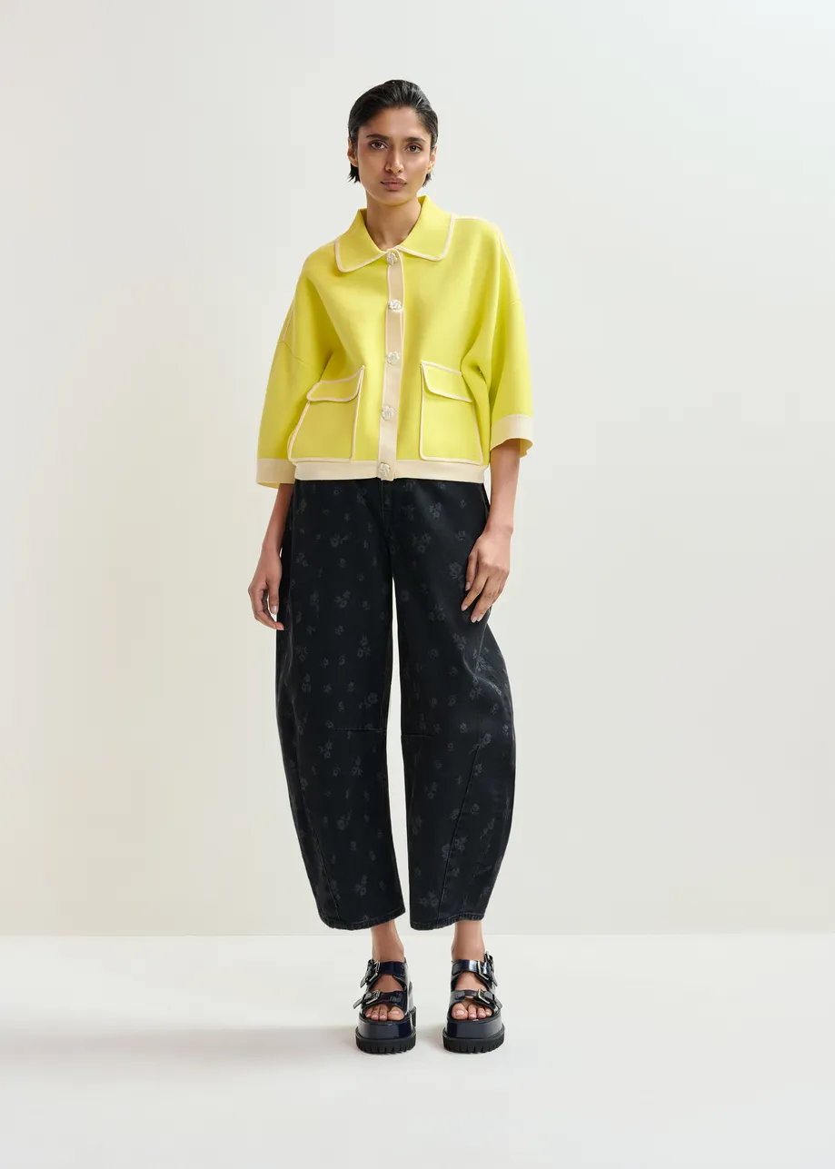 Yellow knit cardigan with flower buttons and off-white contrasting trims