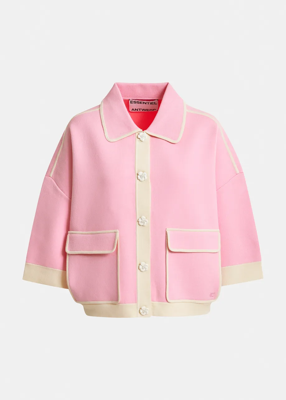 Pink knit cardigan with flower buttons and off-white contrasting trims