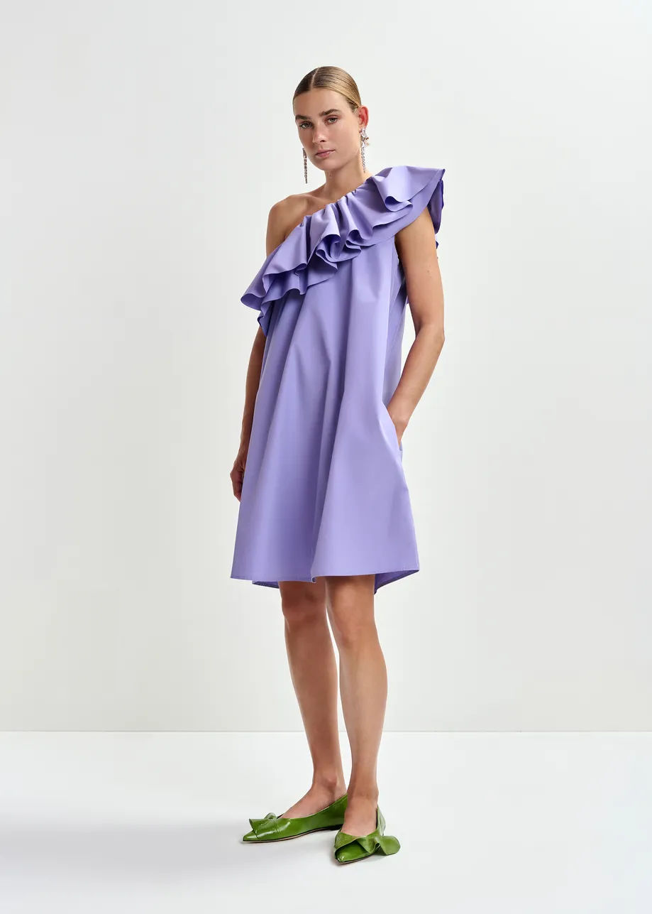 Purple one-shoulder mini dress with ruffle details