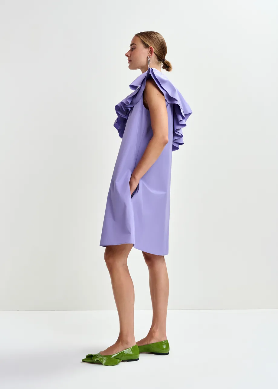 Purple one-shoulder mini dress with ruffle details