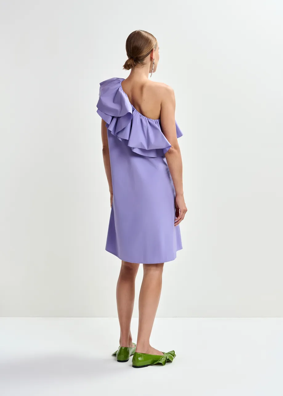 Purple one-shoulder mini dress with ruffle details
