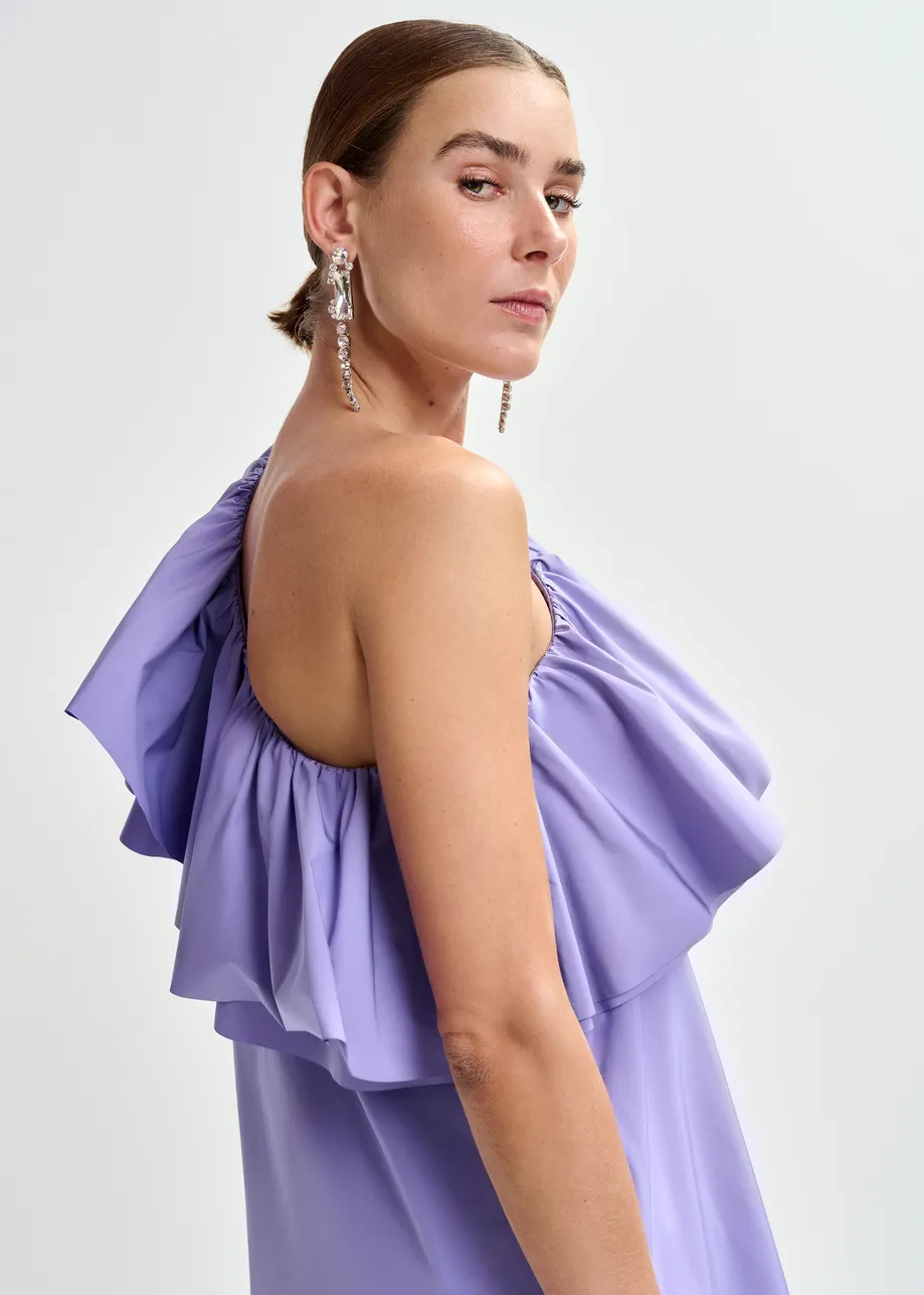 Purple one-shoulder mini dress with ruffle details