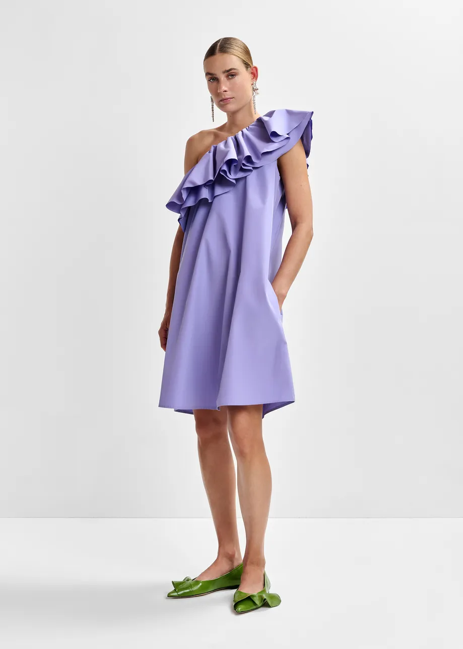 Purple one-shoulder mini dress with ruffle details