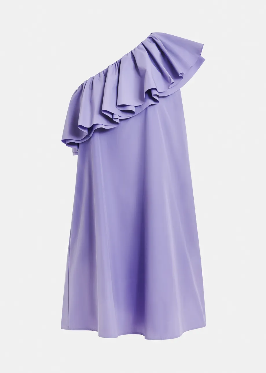 Purple one-shoulder mini dress with ruffle details