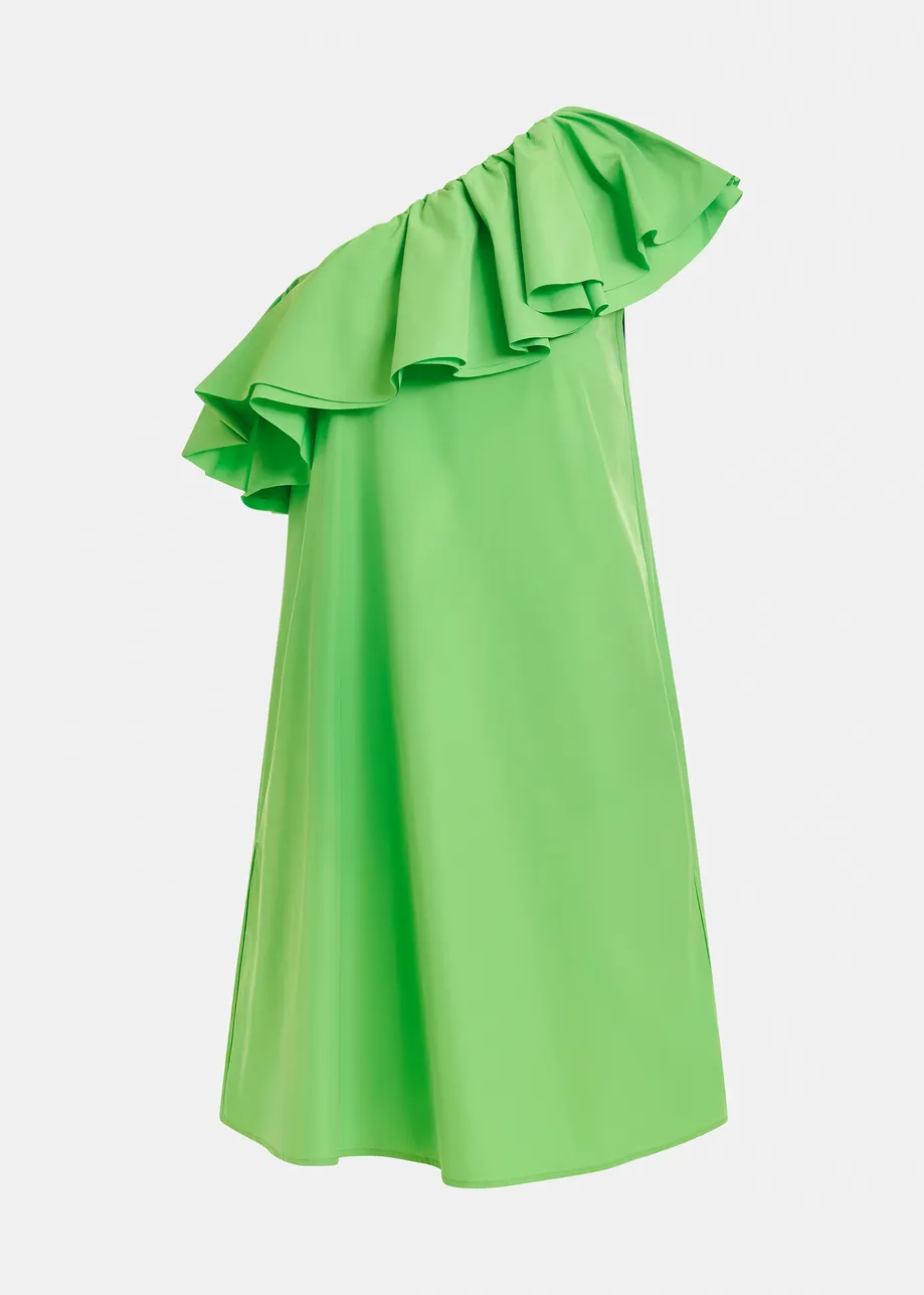 Green one-shoulder mini dress with ruffle details