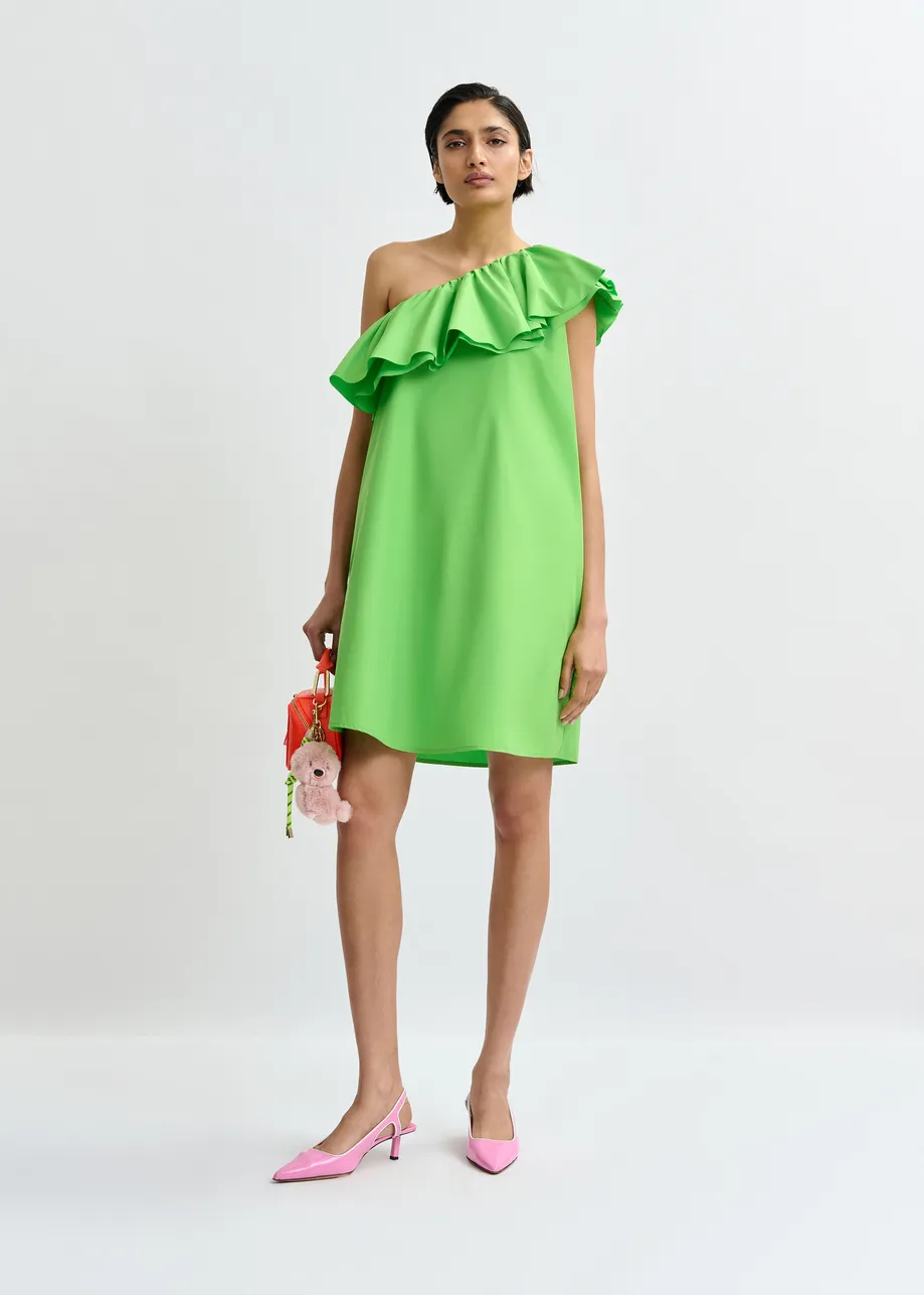 Green one-shoulder mini dress with ruffle details