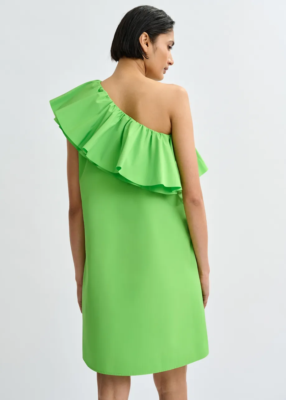 Green one-shoulder mini dress with ruffle details