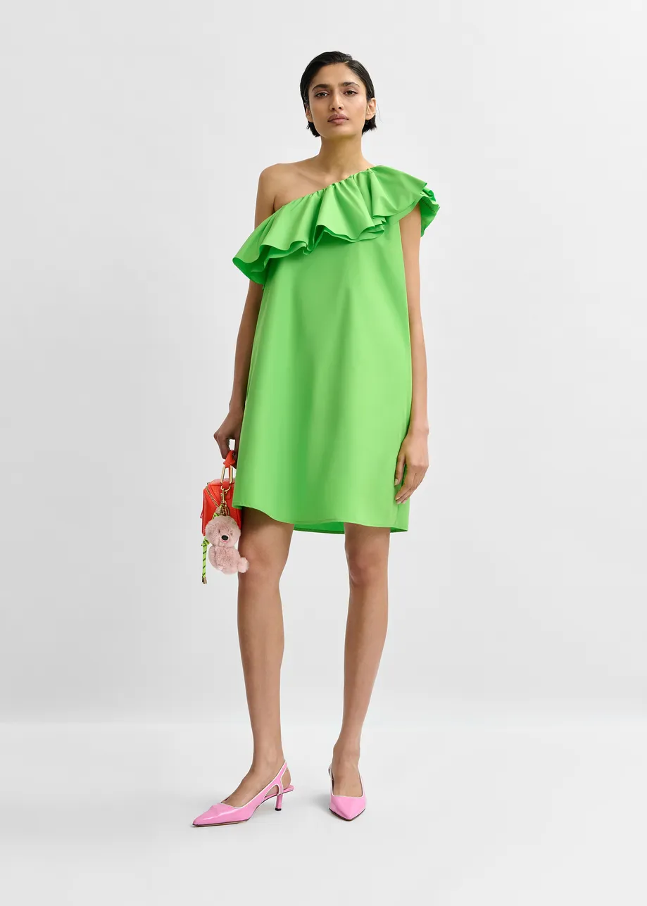 Green one-shoulder mini dress with ruffle details