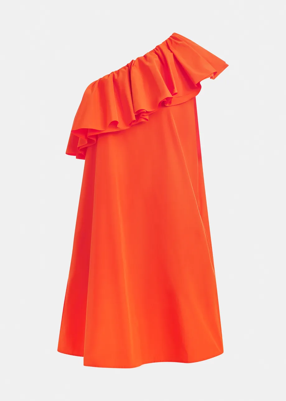 Orange one-shoulder mini dress with ruffle details