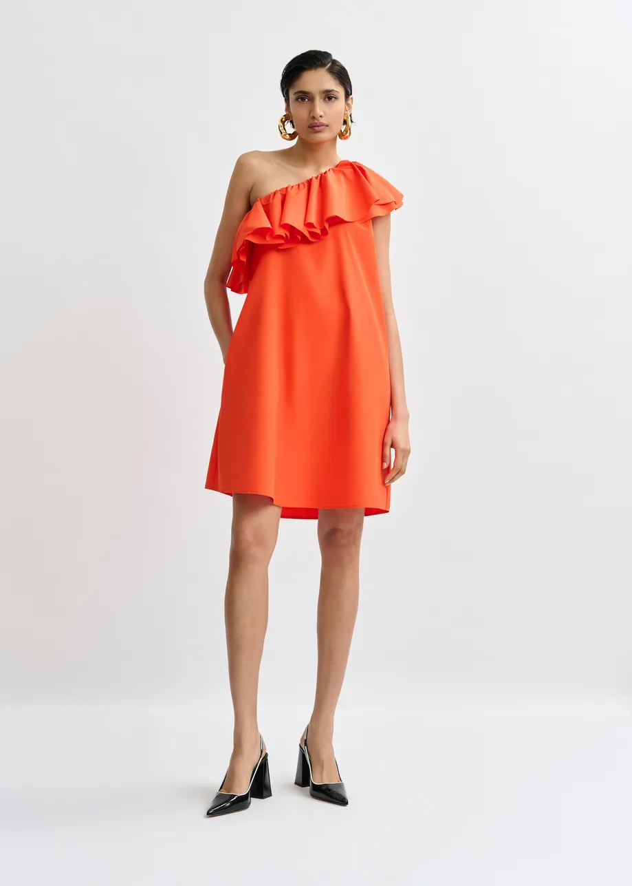 Orange one-shoulder mini dress with ruffle details