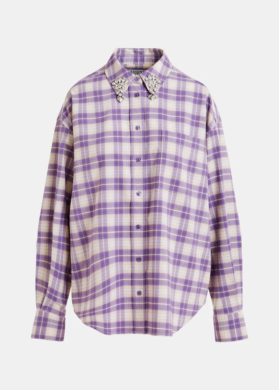Purple and beige checked flannel shirt with rhinestone-embellished collar