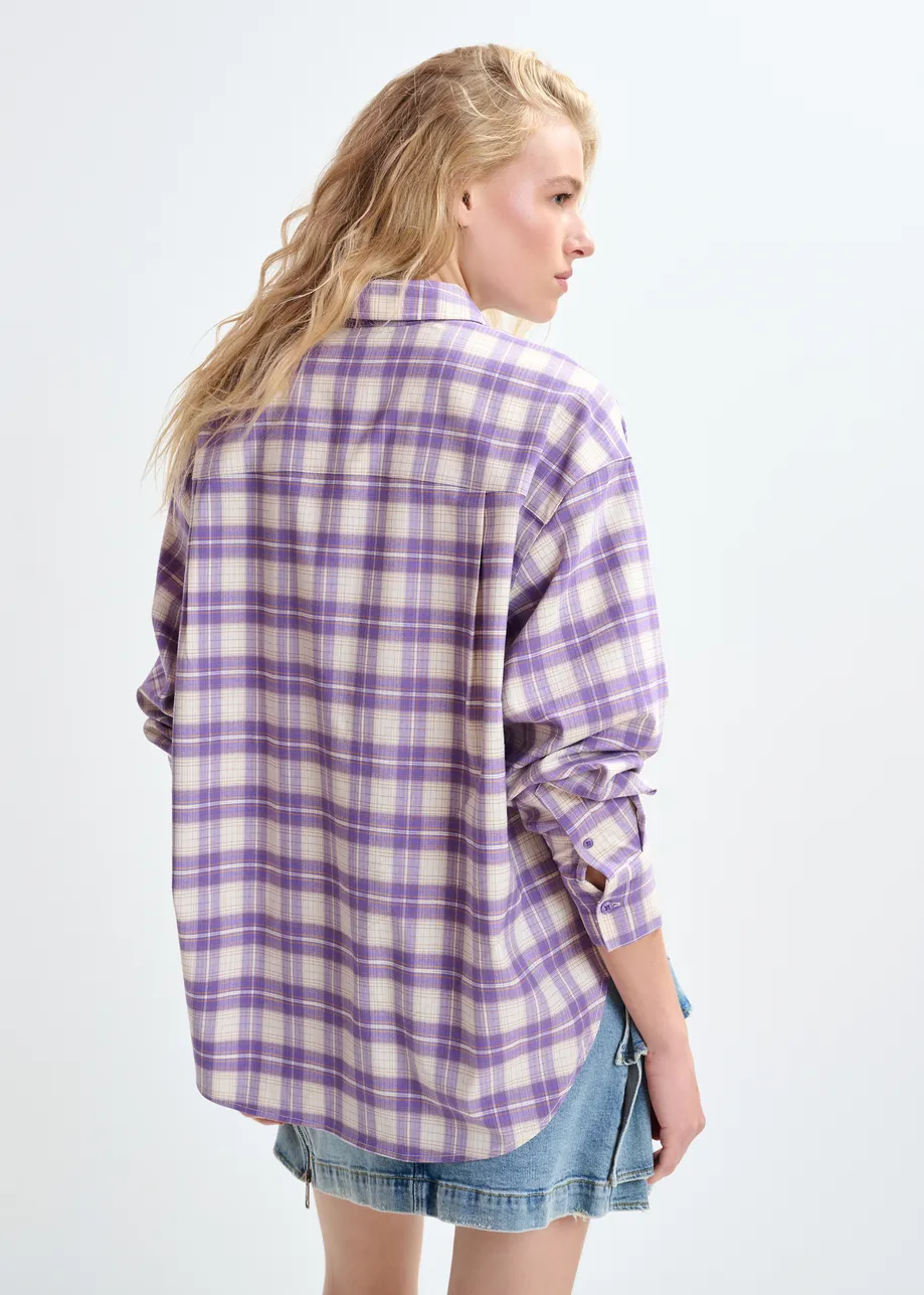 Purple and beige checked flannel shirt with rhinestone-embellished collar