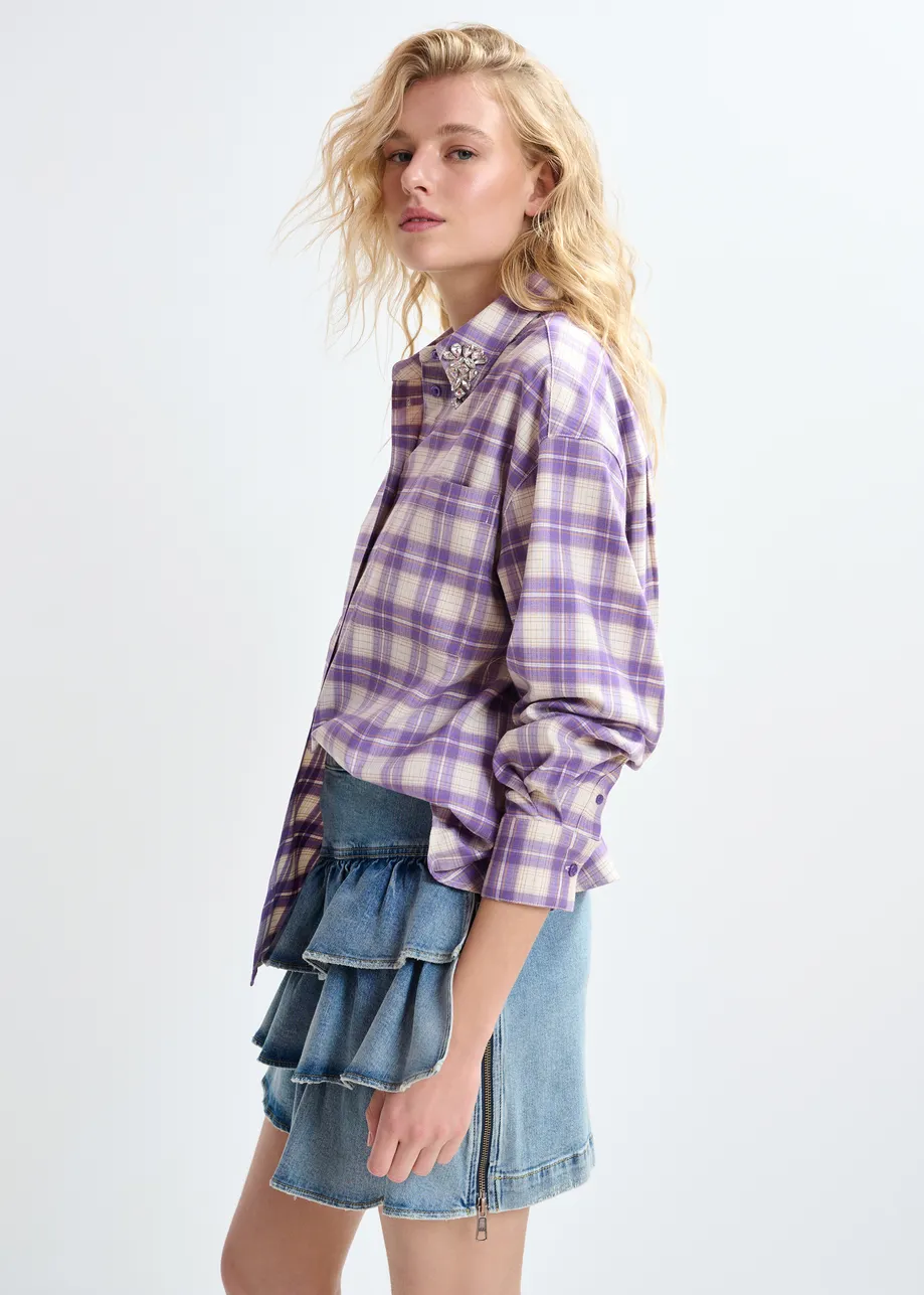 Purple and beige checked flannel shirt with rhinestone-embellished collar