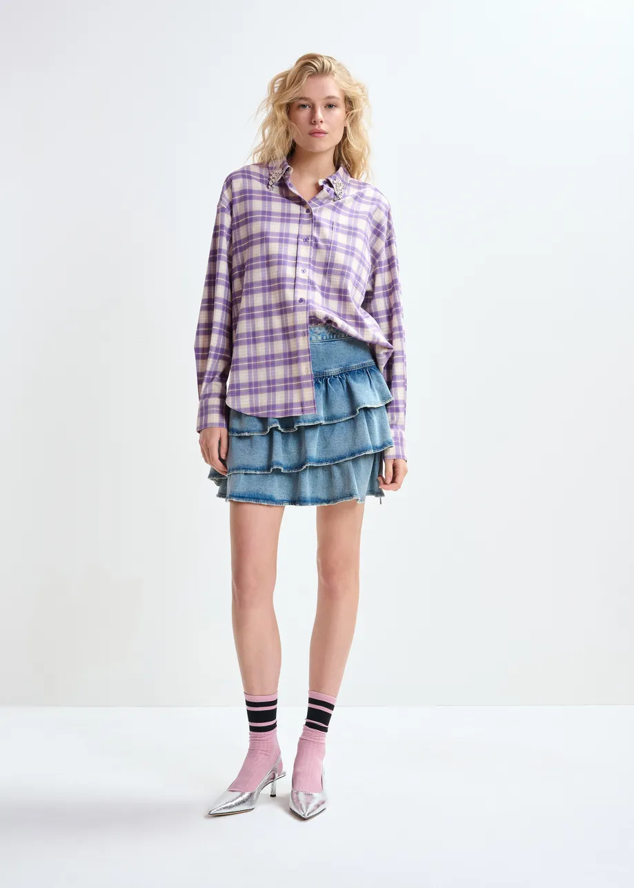 Purple and beige checked flannel shirt with rhinestone-embellished collar
