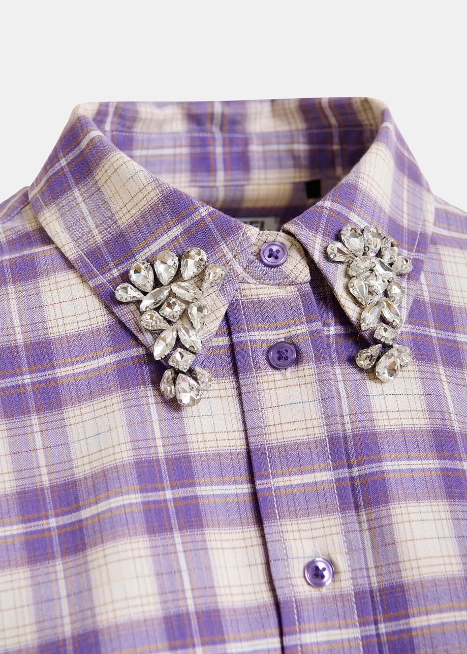 Purple and beige checked flannel shirt with rhinestone-embellished collar