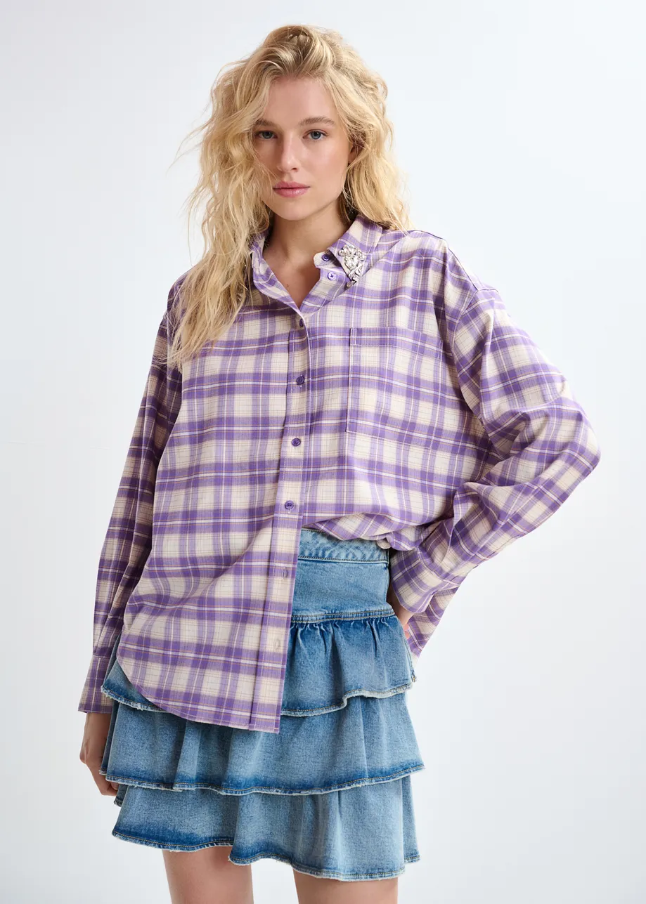 Purple and beige checked flannel shirt with rhinestone-embellished collar