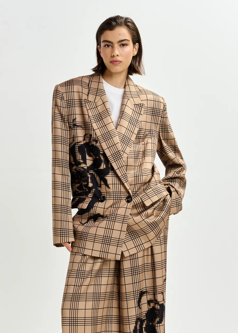 Bruine en zwarte gekruiste blazer met geplaatste pixelprint