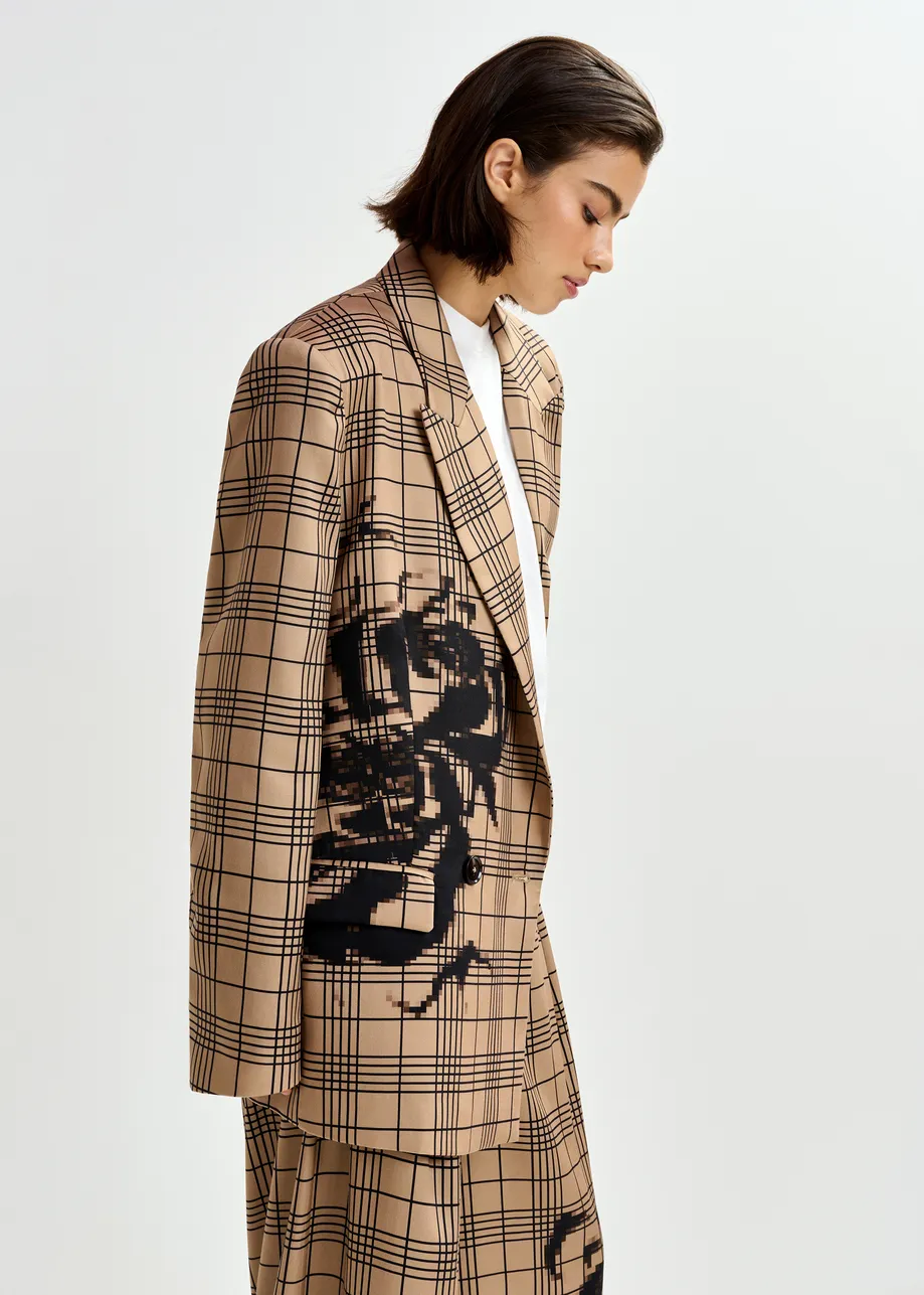 Bruine en zwarte gekruiste blazer met geplaatste pixelprint