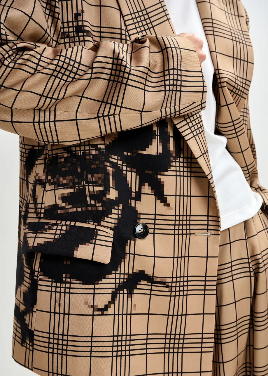 Bruine en zwarte gekruiste blazer met geplaatste pixelprint