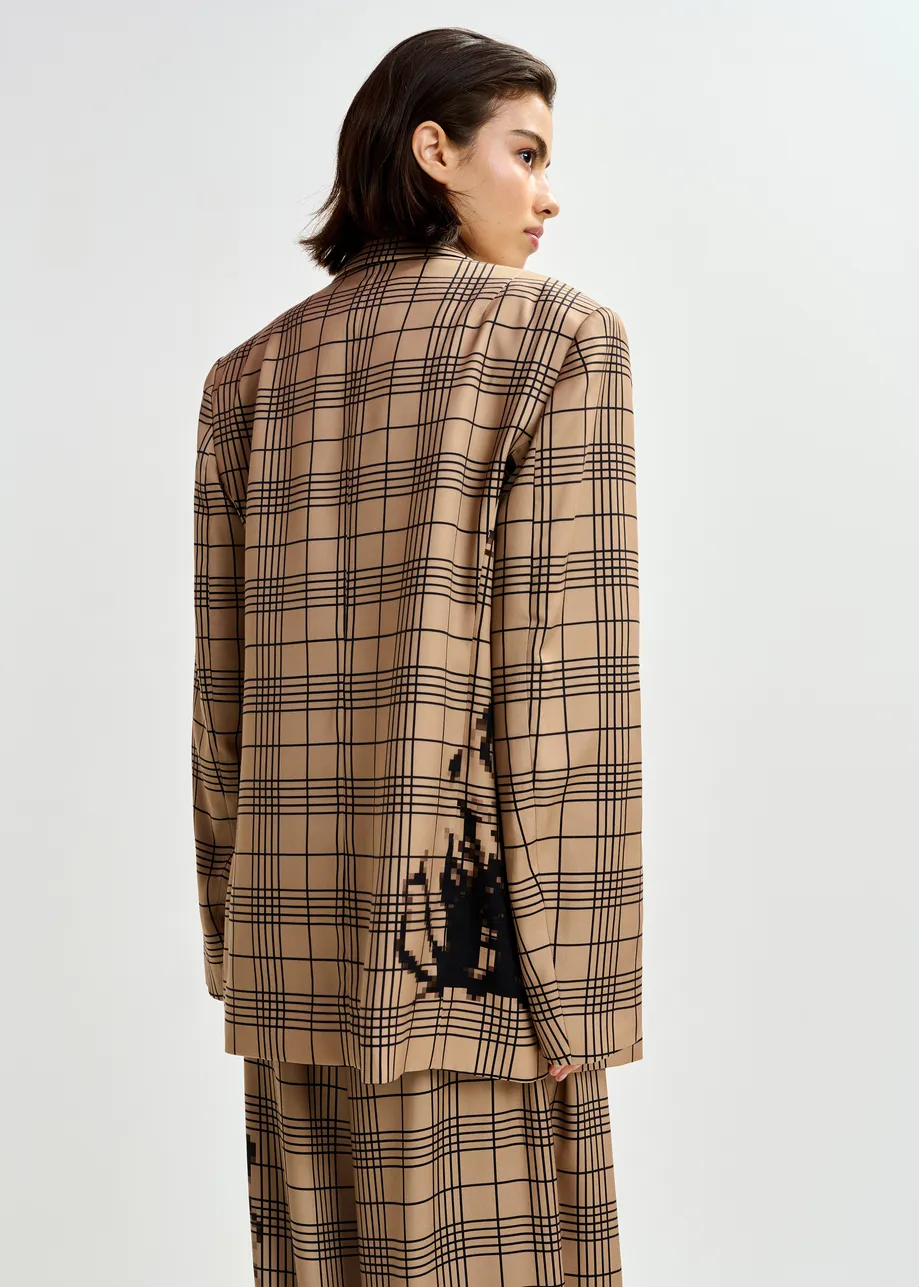 Bruine en zwarte gekruiste blazer met geplaatste pixelprint