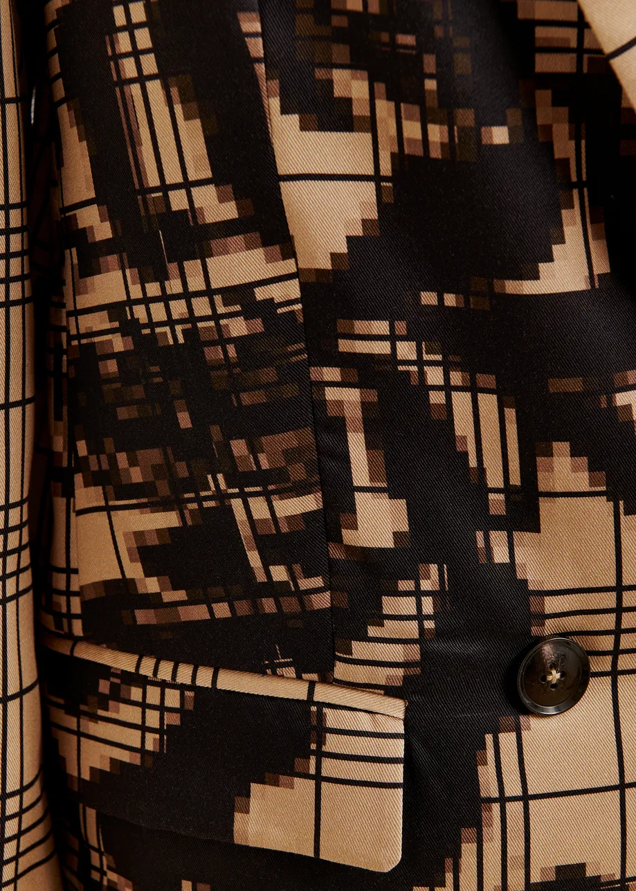 Bruine en zwarte gekruiste blazer met geplaatste pixelprint