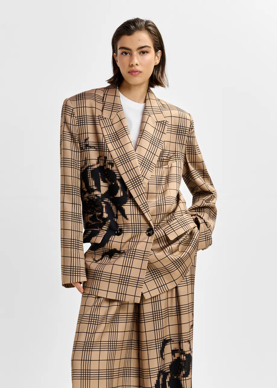 Bruine en zwarte gekruiste blazer met geplaatste pixelprint