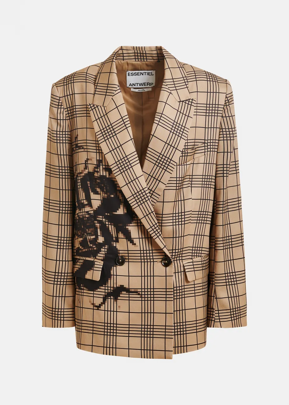 Bruine en zwarte gekruiste blazer met geplaatste pixelprint