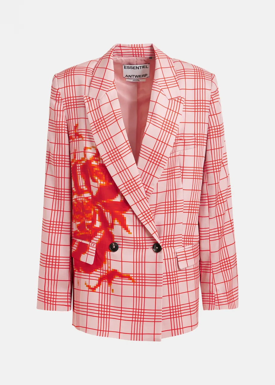 Roze en rode gekruiste blazer met geplaatste pixelprint