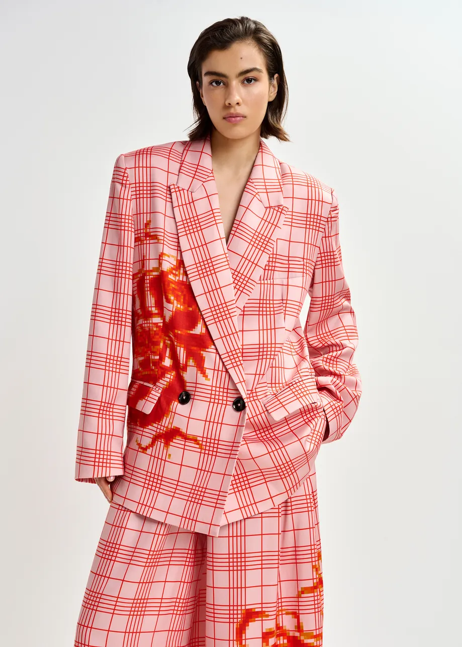 Roze en rode gekruiste blazer met geplaatste pixelprint